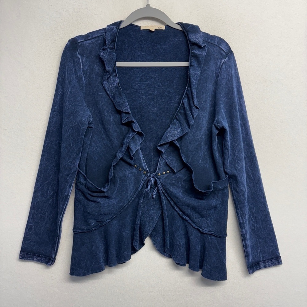 Testimony LA Navy Blue Cardigan Ruffle L‎ Tie Front Pockets Cotton Stretch USA